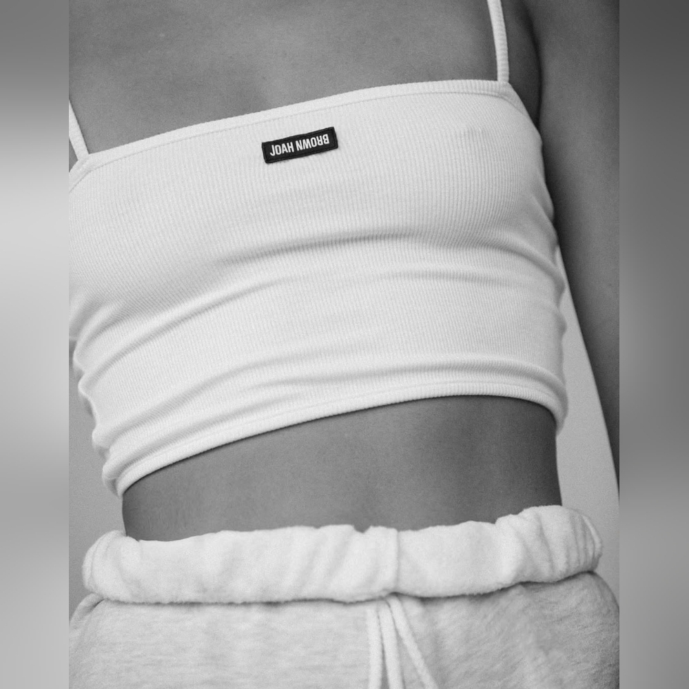 Joah Brown White Ribbed Crop Tank Top